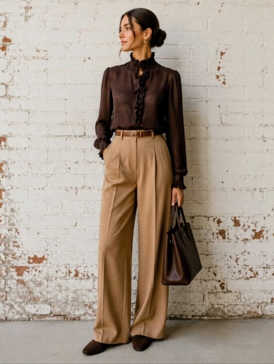 Vintage Tops - Vintage Whimsigoth Chocolate Brown Pleated Ruffled V-Neck Long Sleeve Blouse